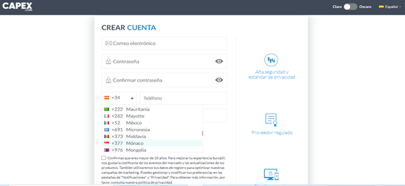 El proceso de registro es muy sencillo, solo asegúrate de colocar muy bien tus datos personales. Fuente: https://live-cosmos.capex.com/trading-platform/?trading-platform=platform&company=49#register